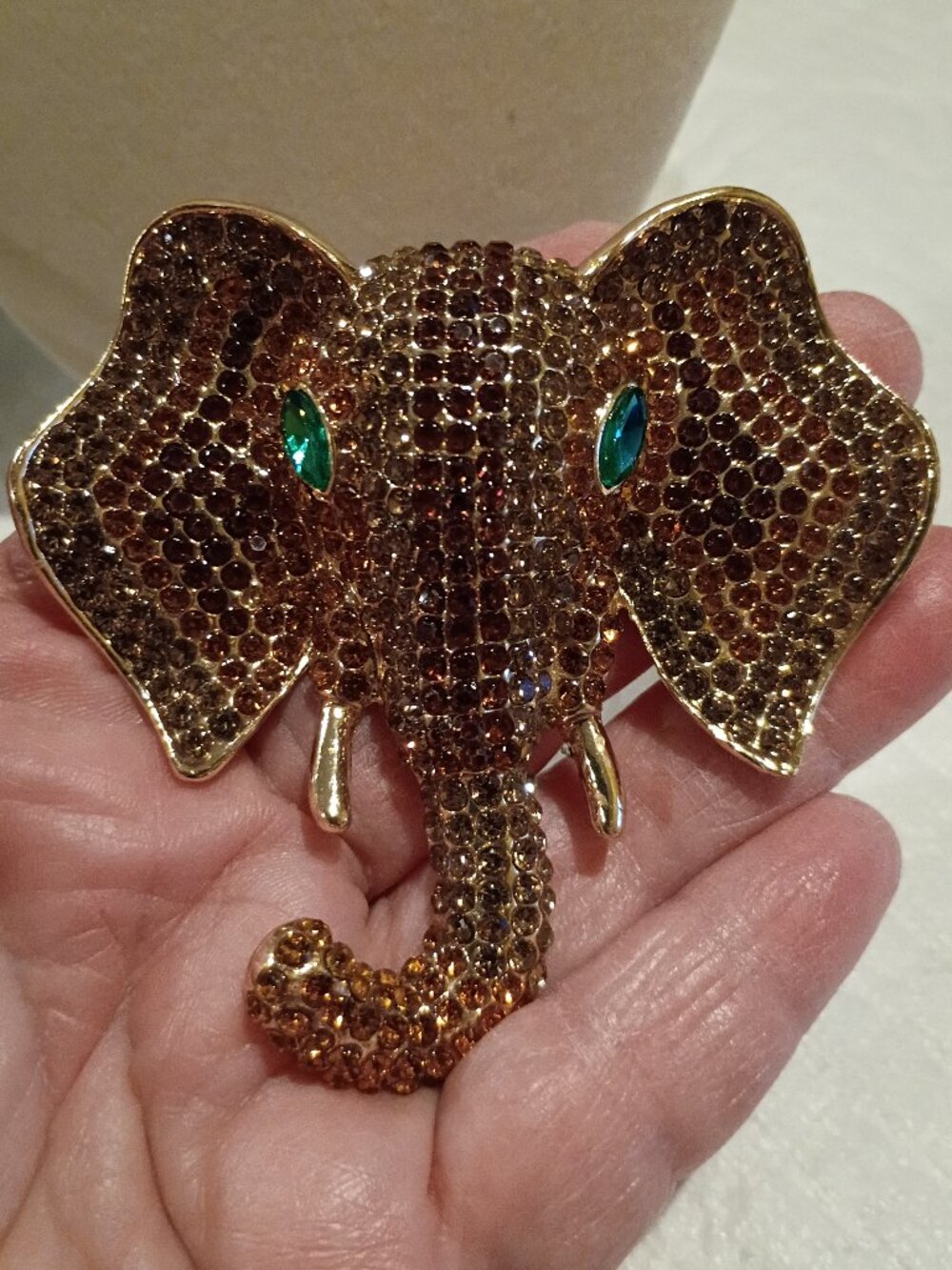 Rhinestone Elephant Brooch Green Eyes Amber Crystals Chunky Statement Piece